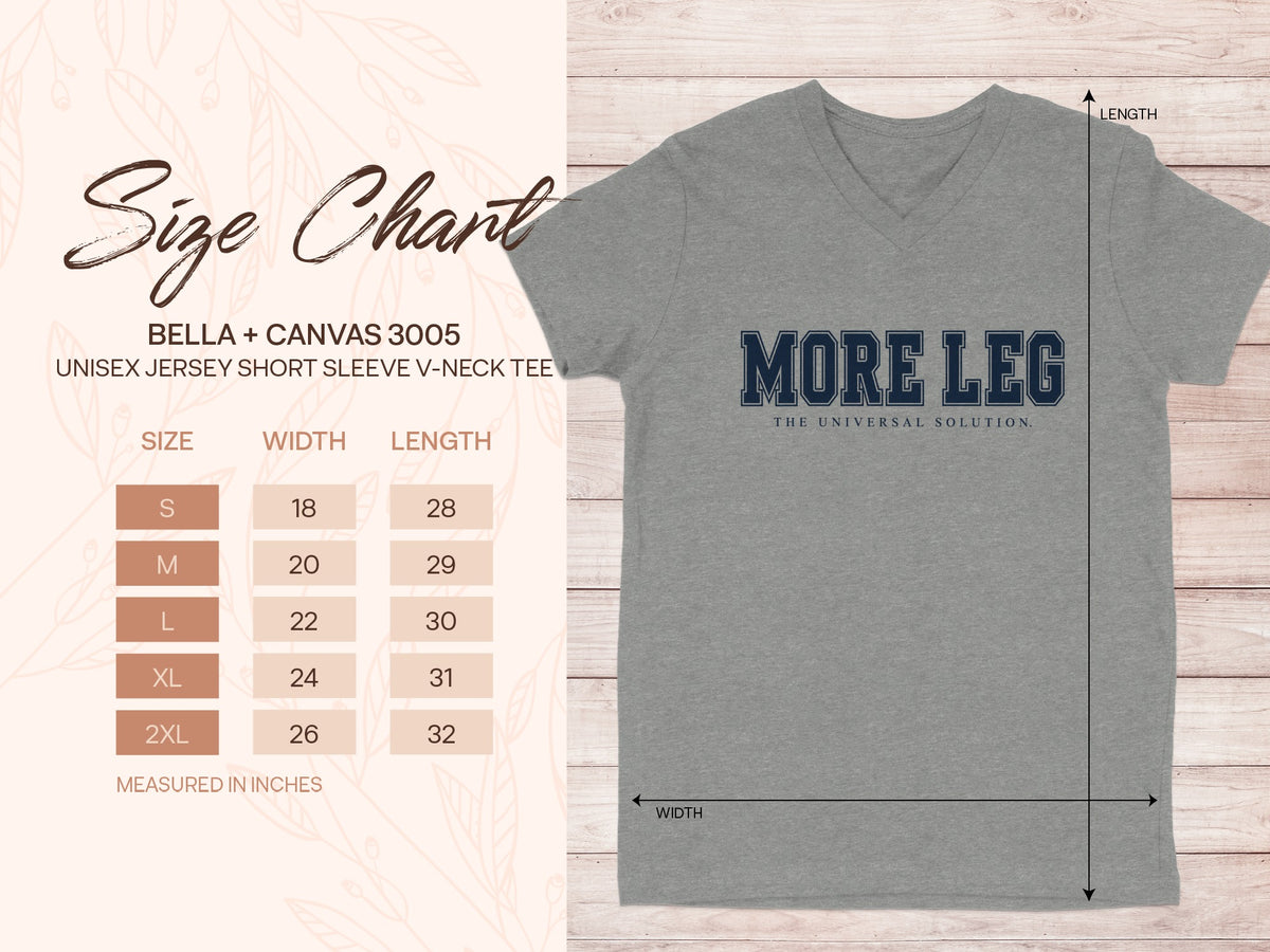 Size chart for Bella + Canvas 3005 unisex v-neck tee, with measurements in inches.