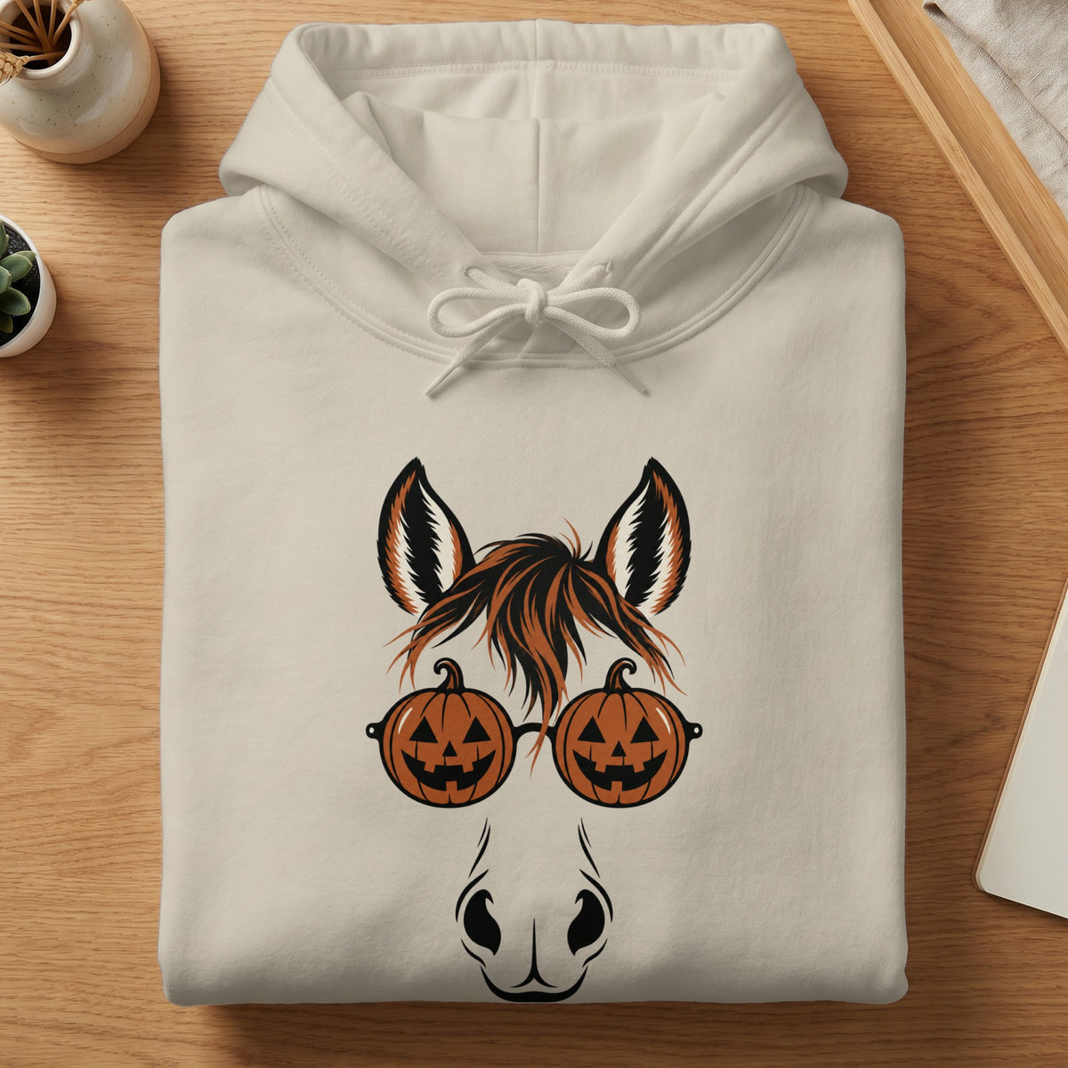 Light cream hoodie with graphic of horse face with pumpkin glasses.