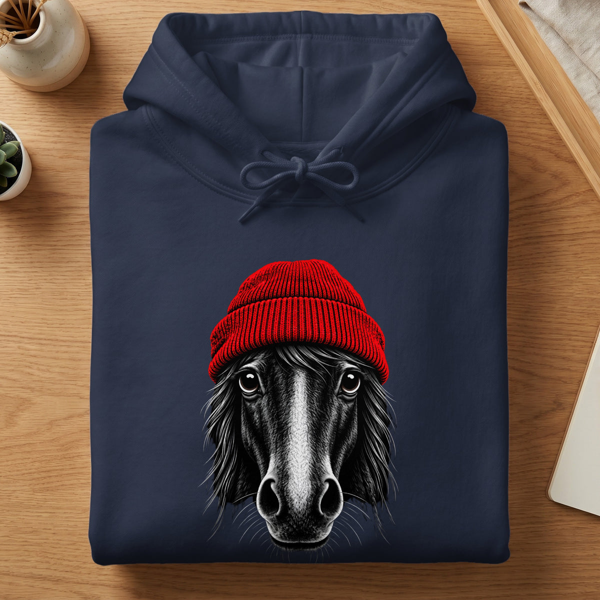 A folded dark blue hoodie featuring an illustration of a black horse wearing a red beanie.
