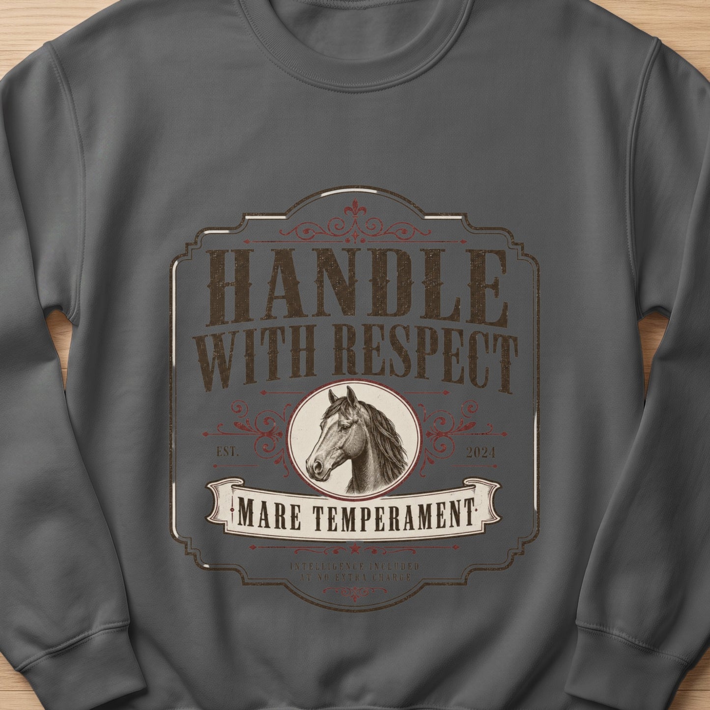 Dark grey sweatshirt with "Handle with Respect" and a horse illustration.