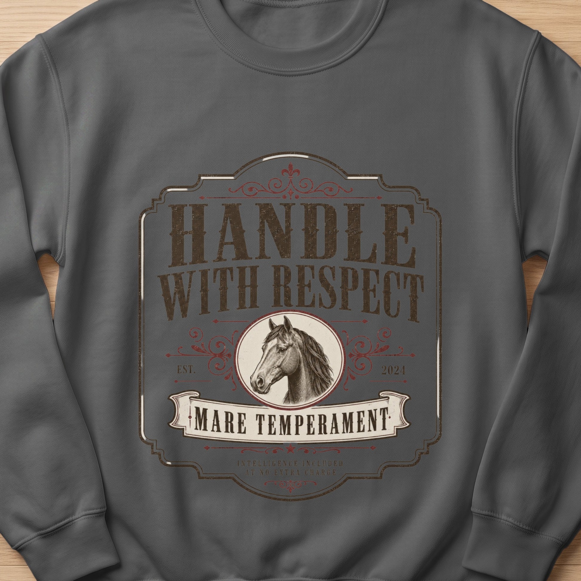 Dark grey sweatshirt with "Handle with Respect" and a horse illustration.
