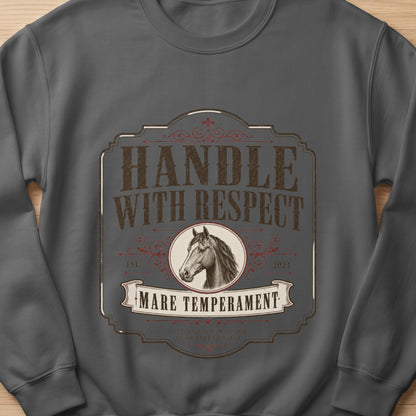 Dark grey sweatshirt with "Handle with Respect" and a horse illustration.