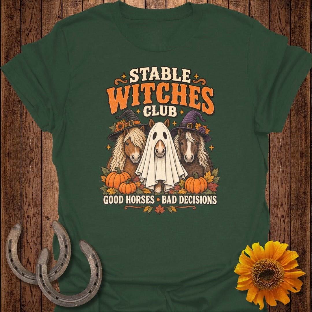Stable Witches Club design with horses, pumpkins, and "Good Horses Bad Decisions" text.