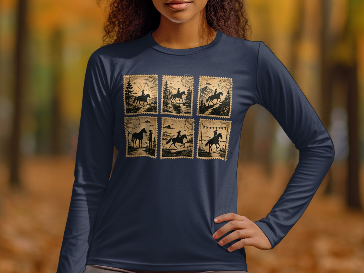 Dark blue long-sleeve shirt with six vintage stamp graphics of people riding horses.