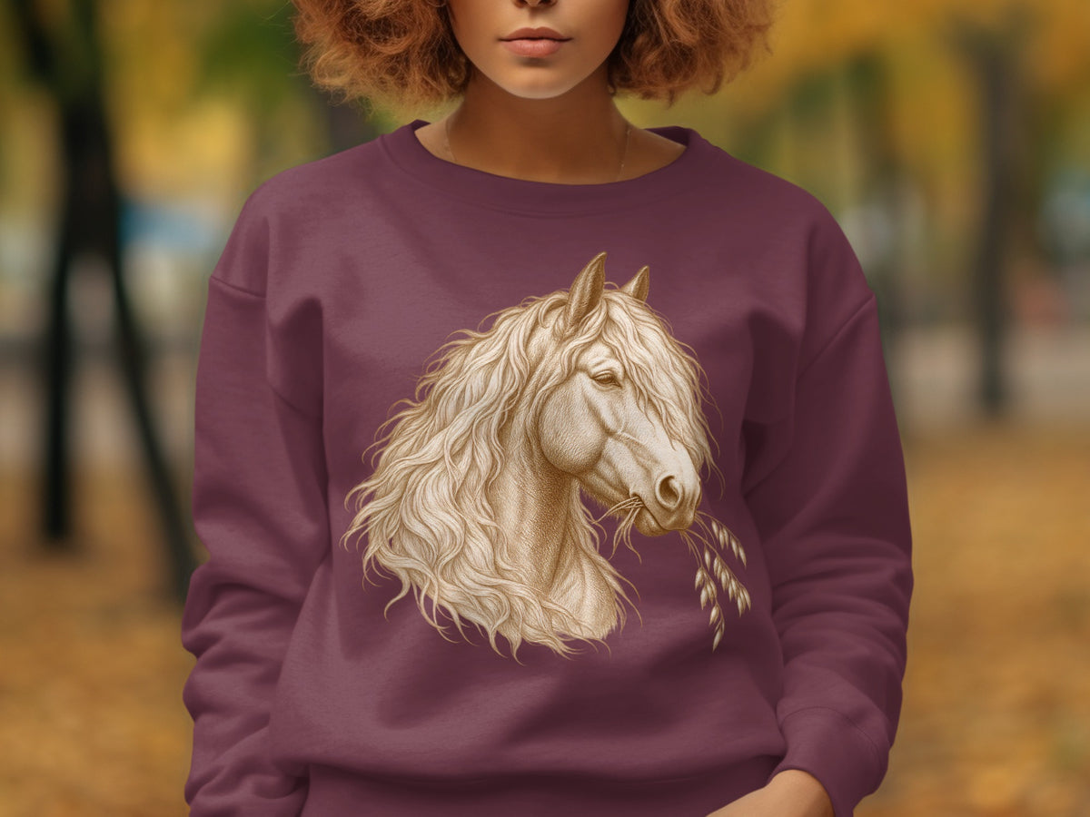 Burgundy sweatshirt with a detailed illustration of a horse's head eating grain.
