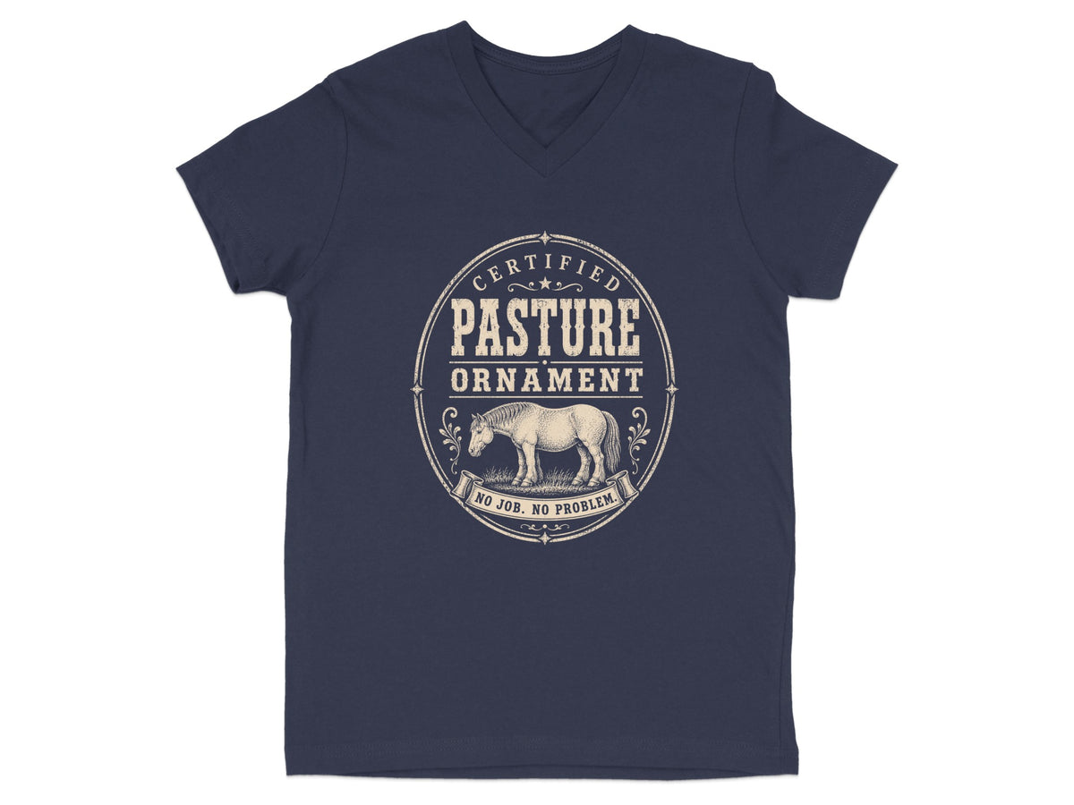 Navy v-neck shirt with "Certified Pasture Ornament" text and a horse graphic.