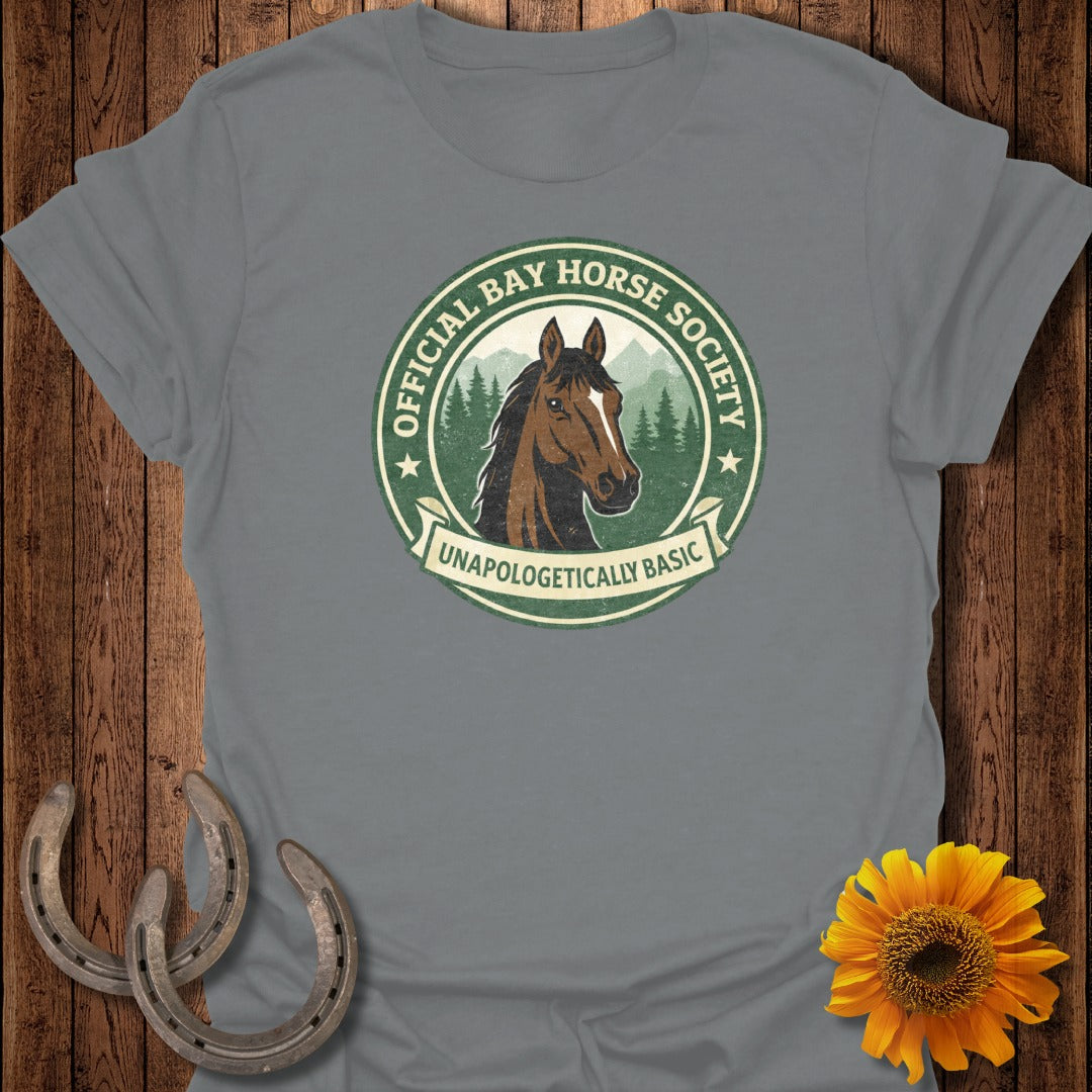 Grey t-shirt with a circular graphic of a bay horse head and "Official Bay Horse Society Unapologetically Basic" text.