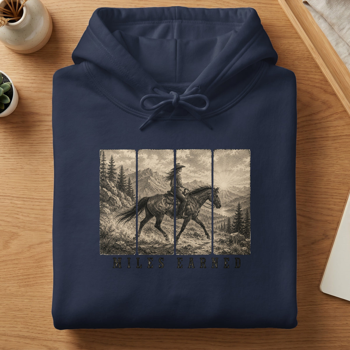 Navy hoodie with a vintage-style print of a cowgirl riding a horse through mountains.