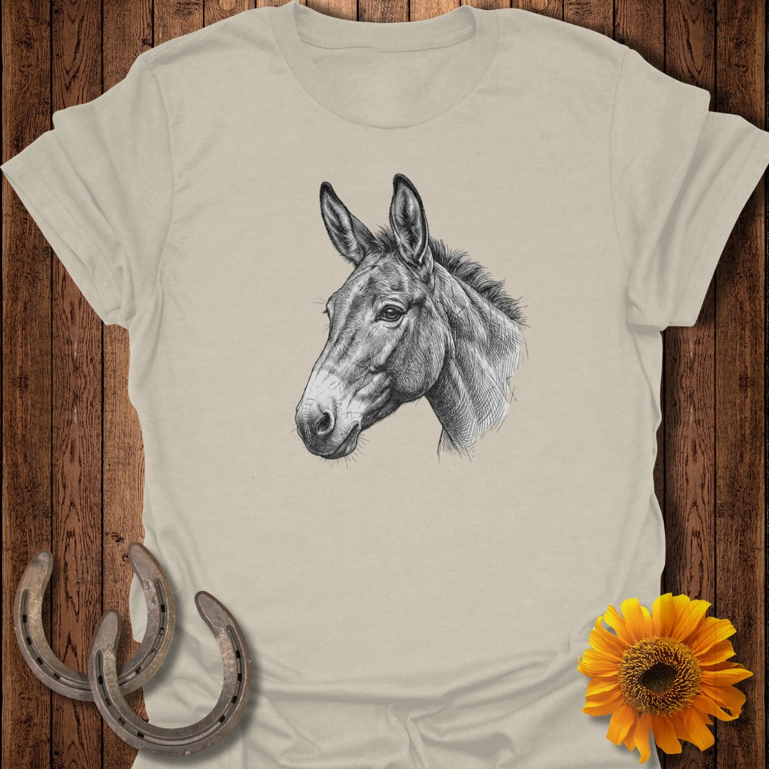 Pencil sketch of a mule's head with horseshoes and sunflower.