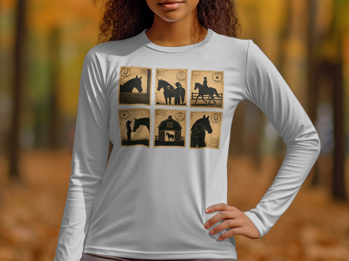 Long-sleeved shirt with six postage stamp designs featuring horse silhouettes.
