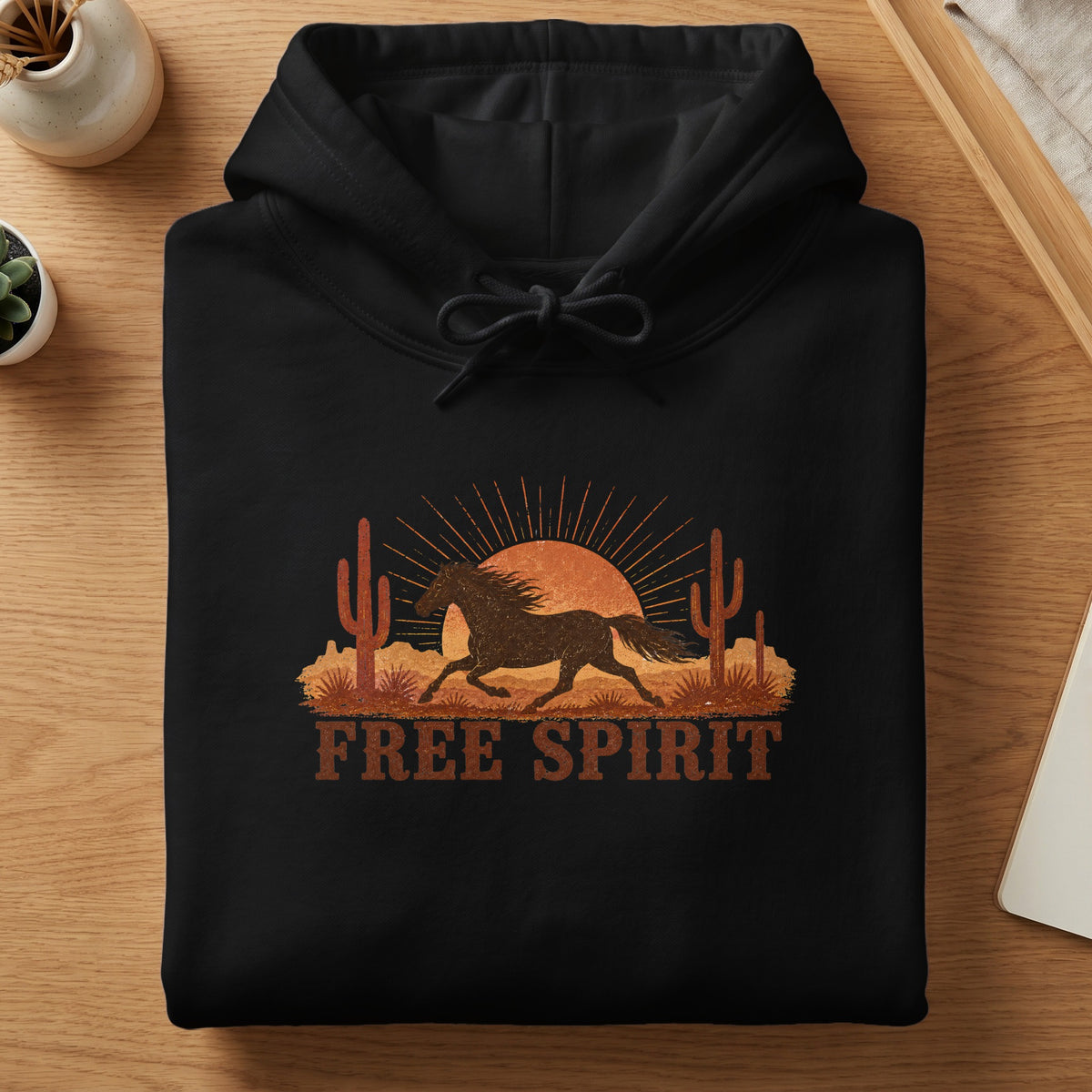 Black hoodie with a desert scene graphic and the text "FREE SPIRIT".