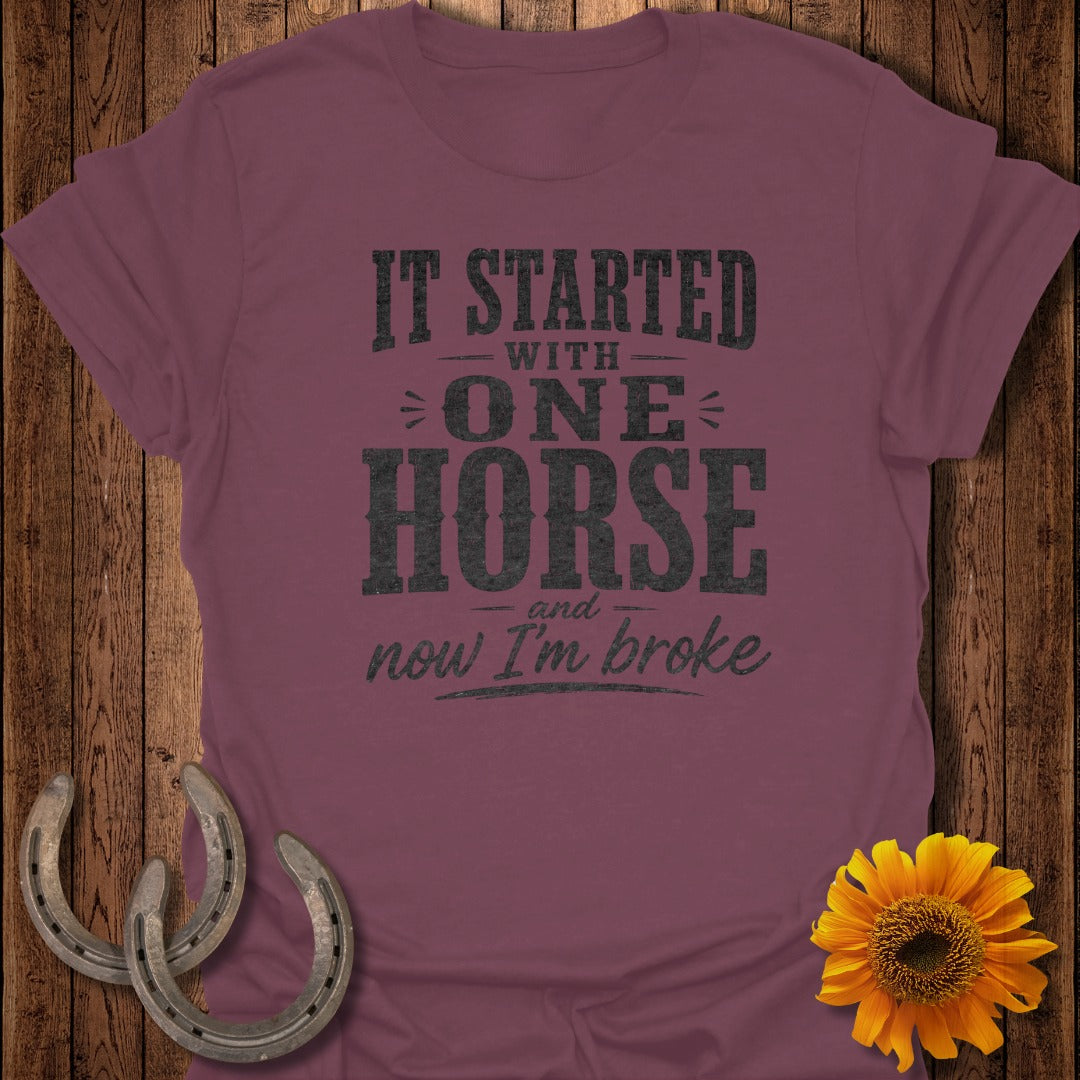 Maroon t-shirt with "It Started With One Horse and Now I'm Broke" text.