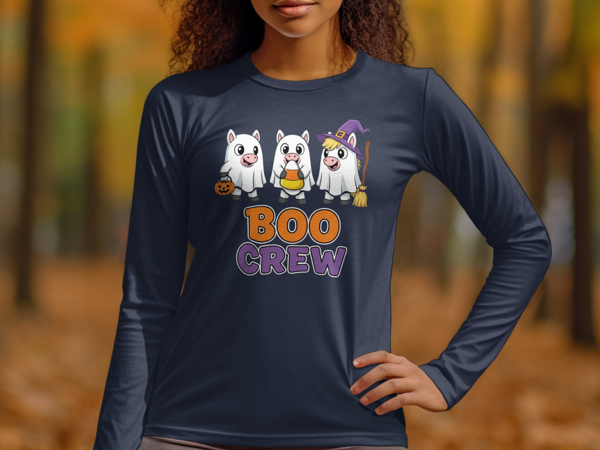 Three white unicorns in ghost costumes with text "BOO CREW" on a navy shirt.