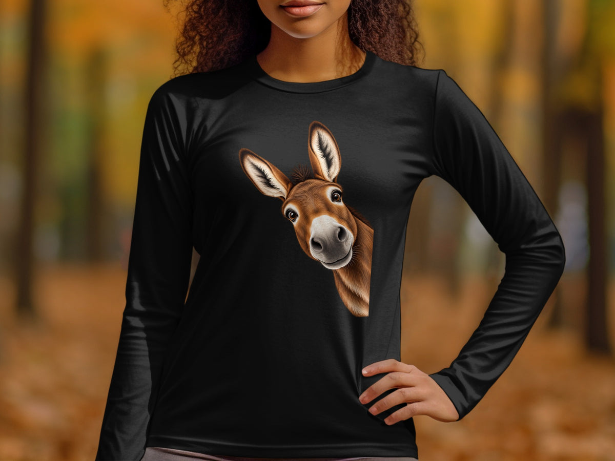 Black long-sleeve shirt with a realistic donkey head peeking from the side.