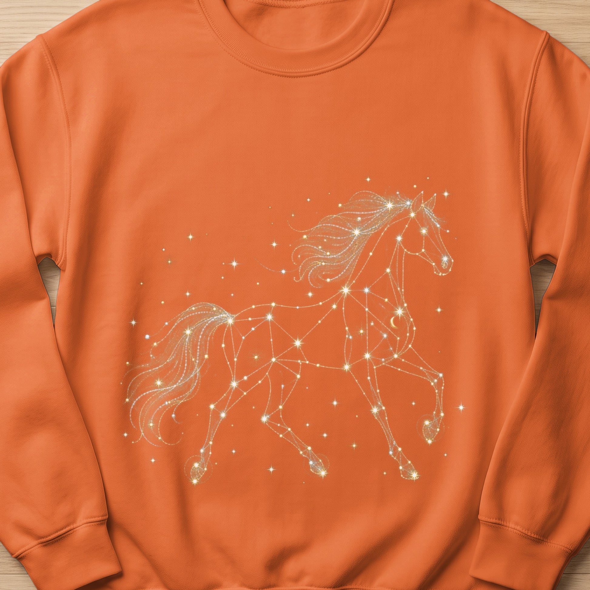 Orange sweatshirt with a white constellation horse graphic and scattered stars.