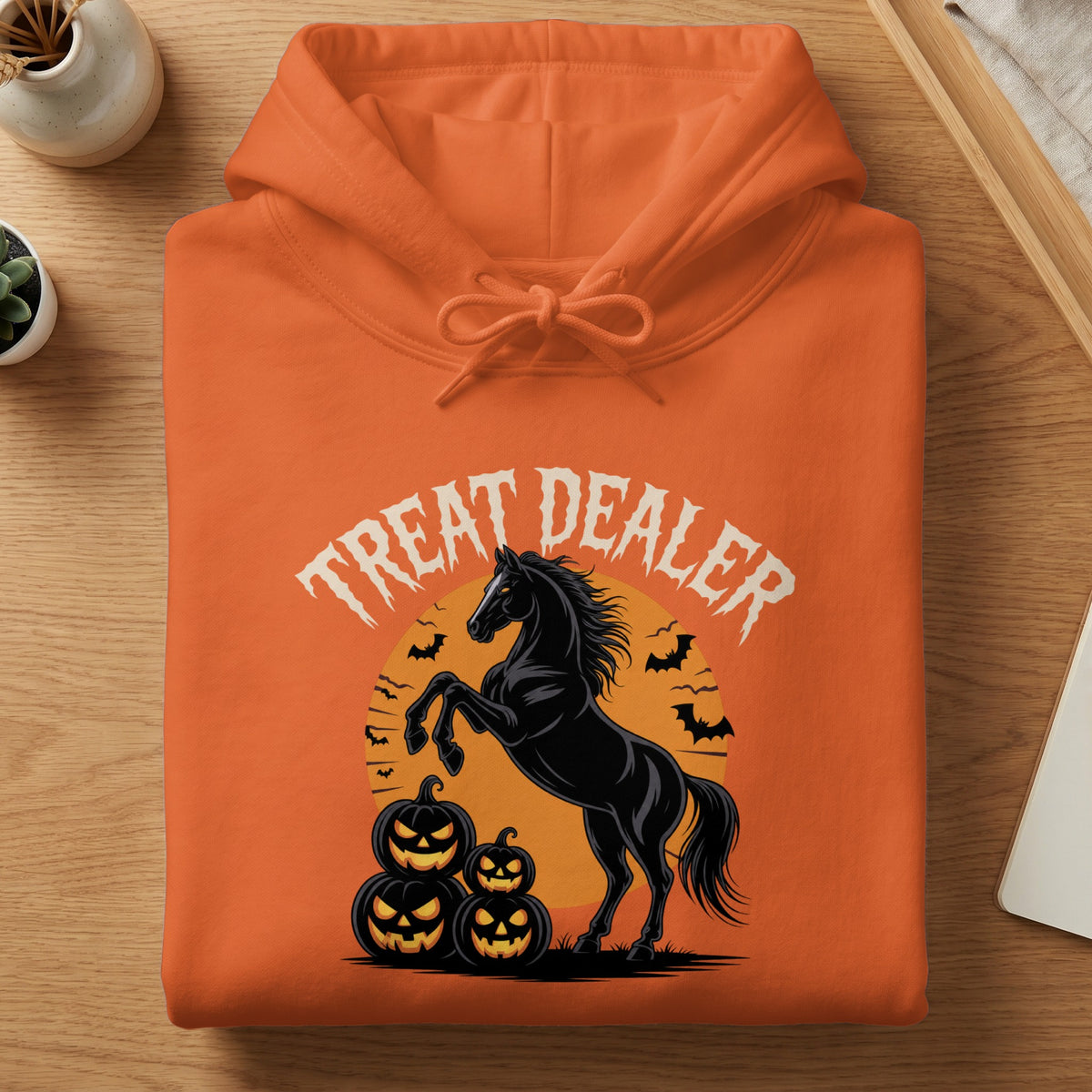 Orange hoodie with "Treat Dealer" text, a black horse, pumpkins, and bats.