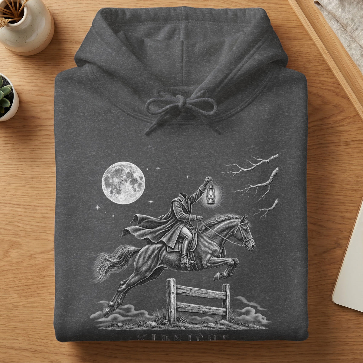 Dark grey hoodie with a Headless Horseman graphic, holding a lantern at midnight.