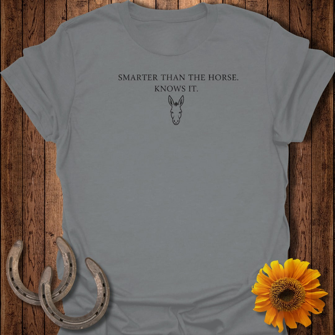 Gray t-shirt with donkey graphic and text "Smarter Than the Horse. Knows It."