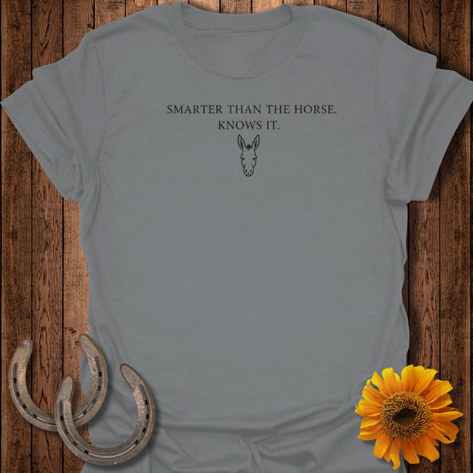 Gray t-shirt with donkey graphic and text "Smarter Than the Horse. Knows It."