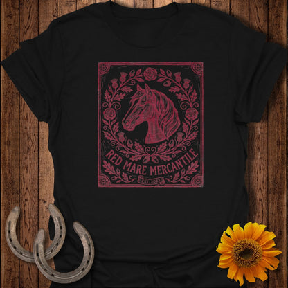 Black t-shirt with a distressed red horse head and floral emblem.