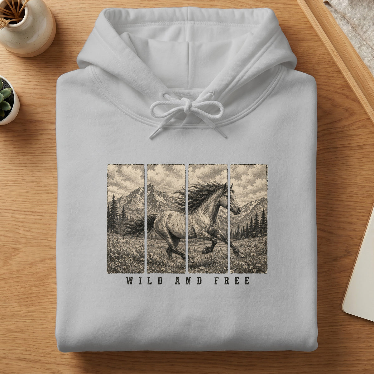 White hoodie with a graphic of a horse running through a field with mountains, text "WILD AND FREE".