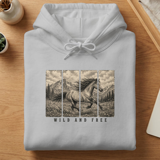White hoodie with a graphic of a horse running through a field with mountains, text "WILD AND FREE".