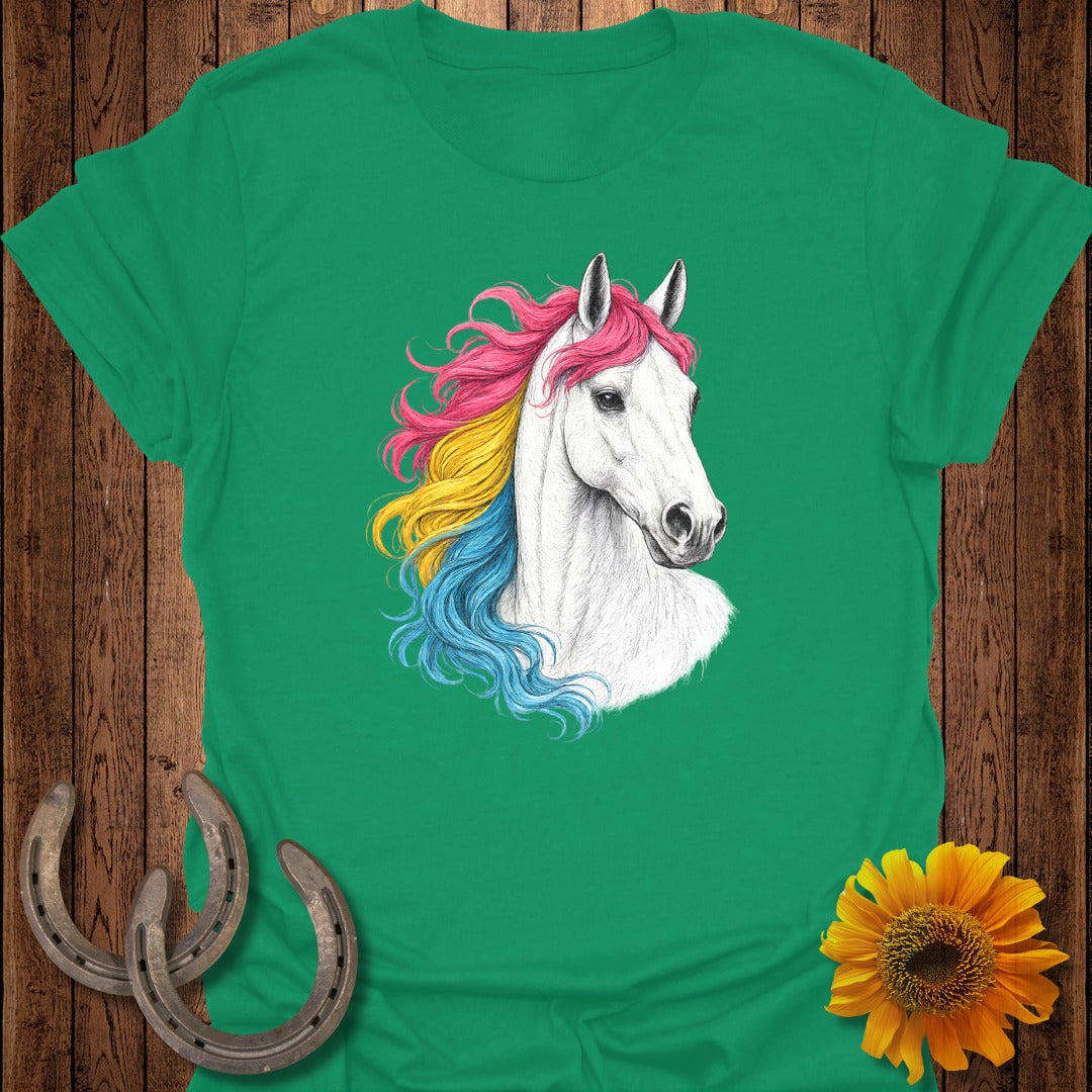 White horse with rainbow mane on a green t-shirt.