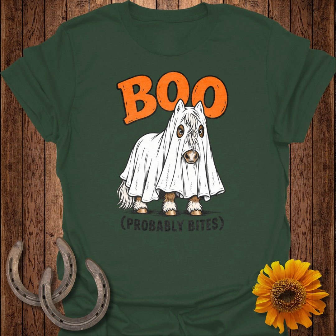 Green t-shirt with "BOO" and a horse dressed as a ghost.