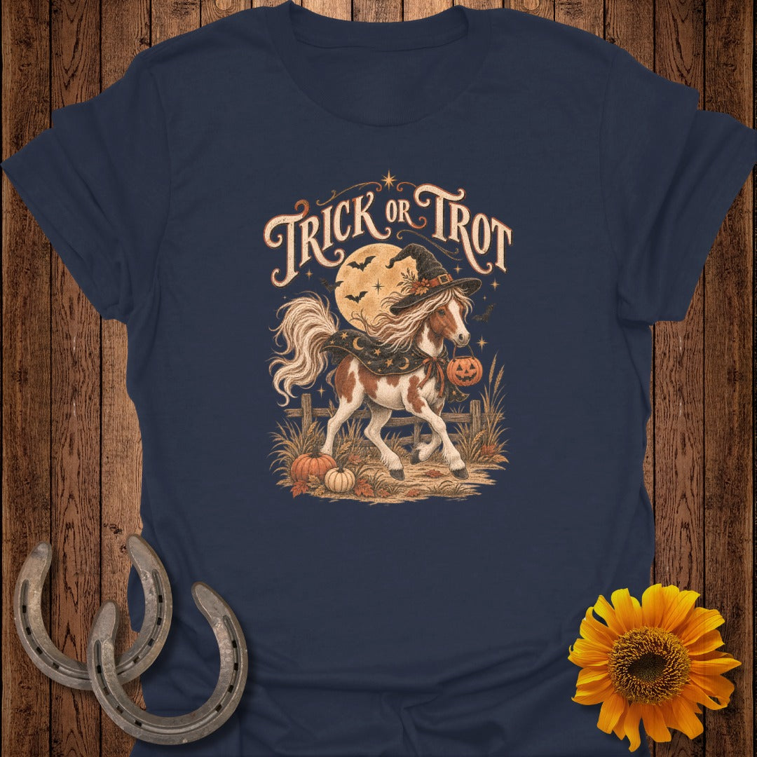 Horse with witch hat and pumpkin trick or trot Halloween graphic.