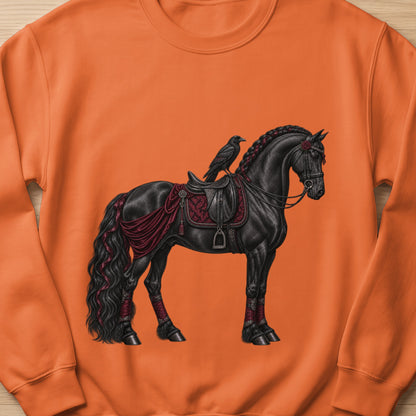 Black stallion with a raven on its saddle, adorned with red tassels and rose.