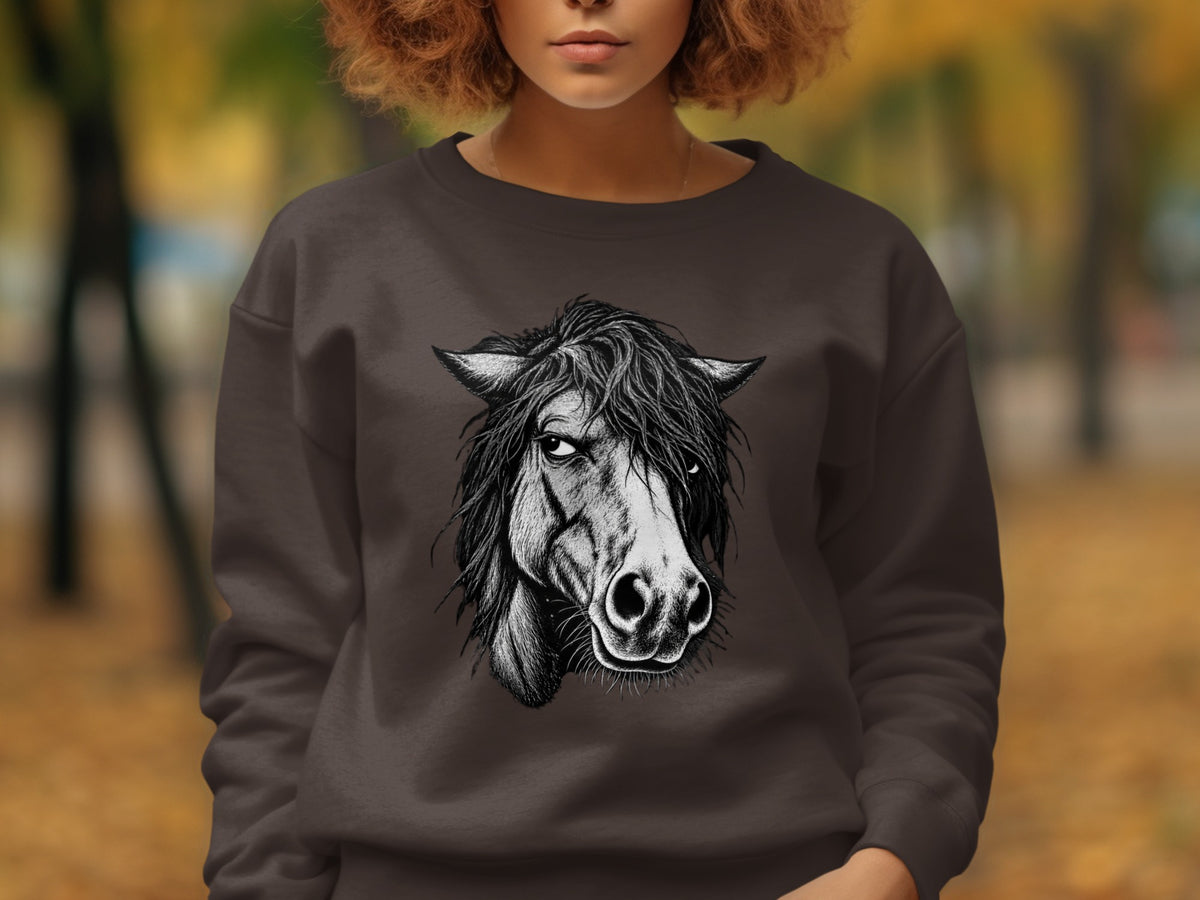 Dark brown crewneck sweatshirt with a black and white detailed horse head graphic.
