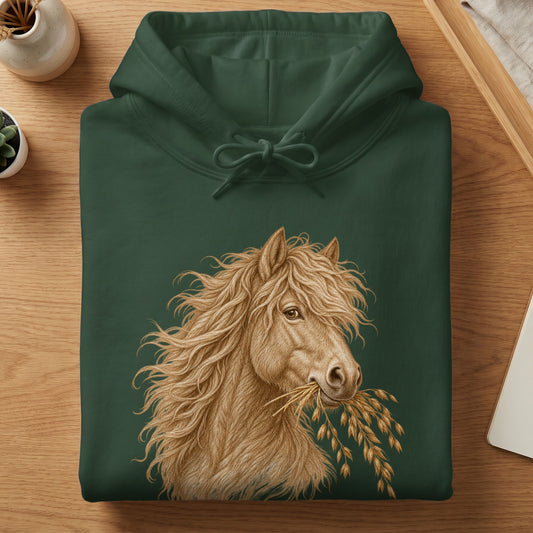 A folded dark green hooded sweatshirt featuring a detailed illustration of a brown horse with wheat in its mouth.