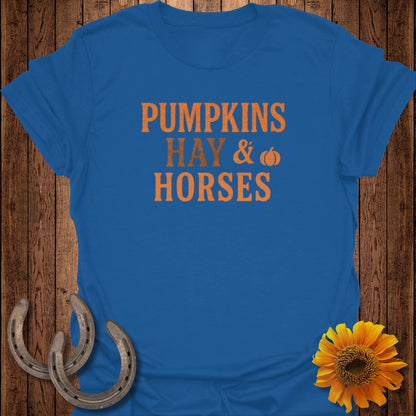 Blue t-shirt with orange text "PUMPKINS HAY & HORSES" and a pumpkin graphic.