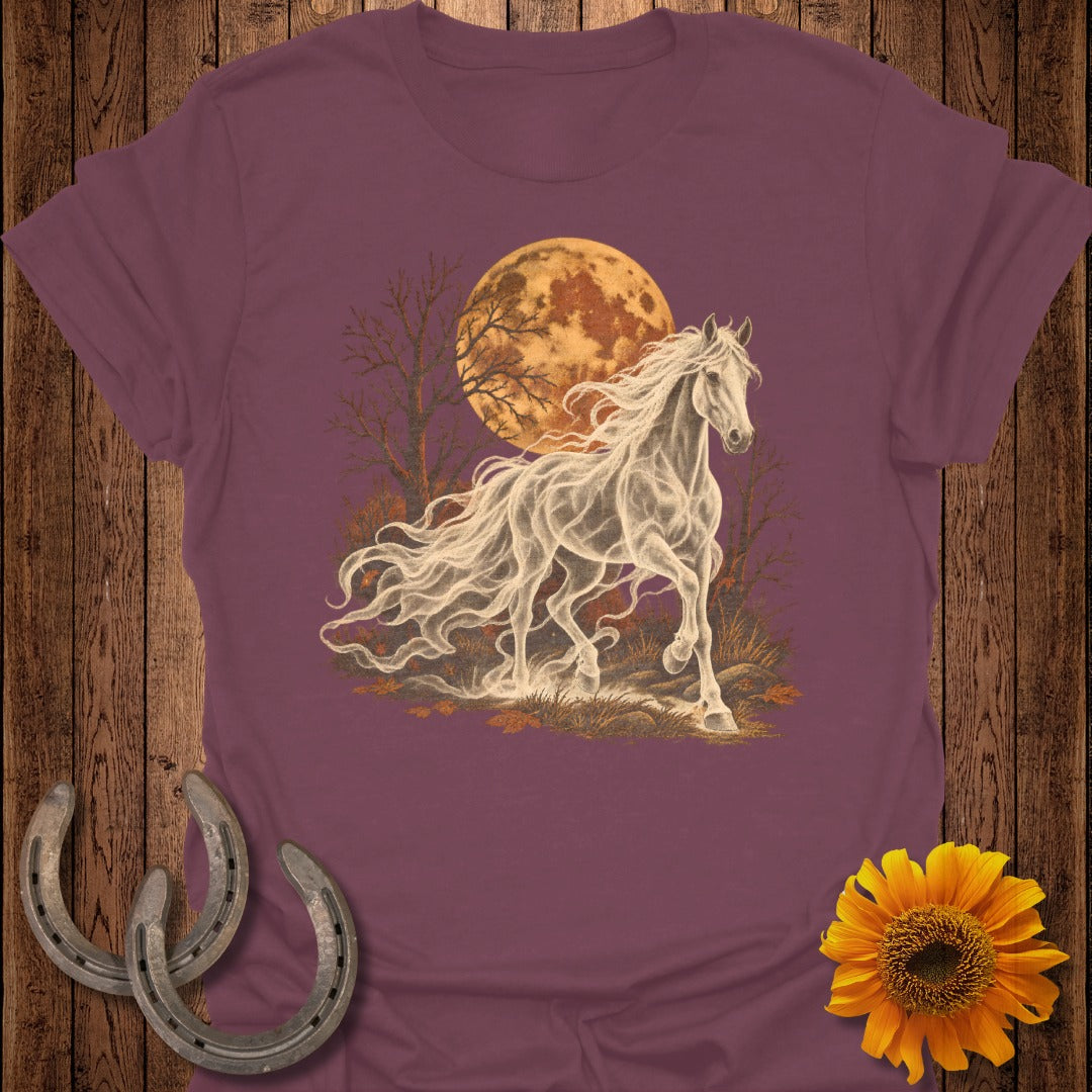 T-shirt with a ghostly white horse running under a full moon.