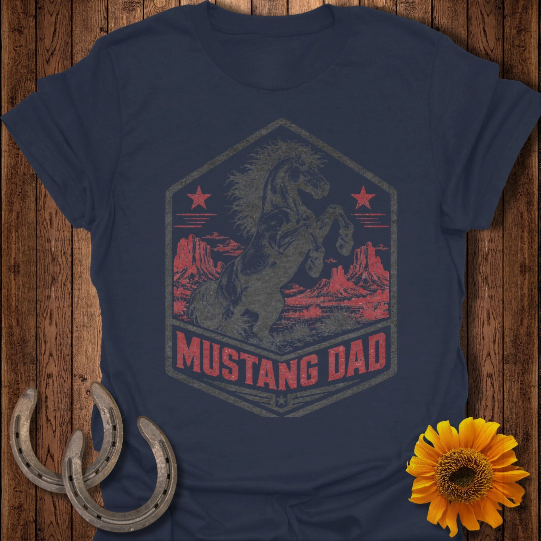Navy t-shirt with "Mustang Dad" text and a rearing horse graphic.