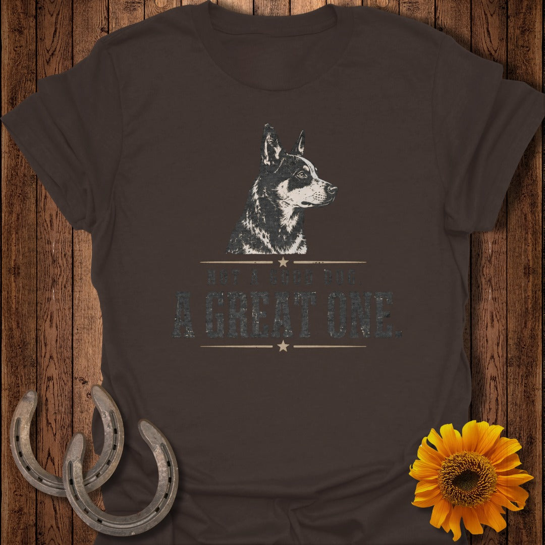 Brown t-shirt with vintage dog graphic and text "NOT A GOOD DOG. A GREAT ONE."