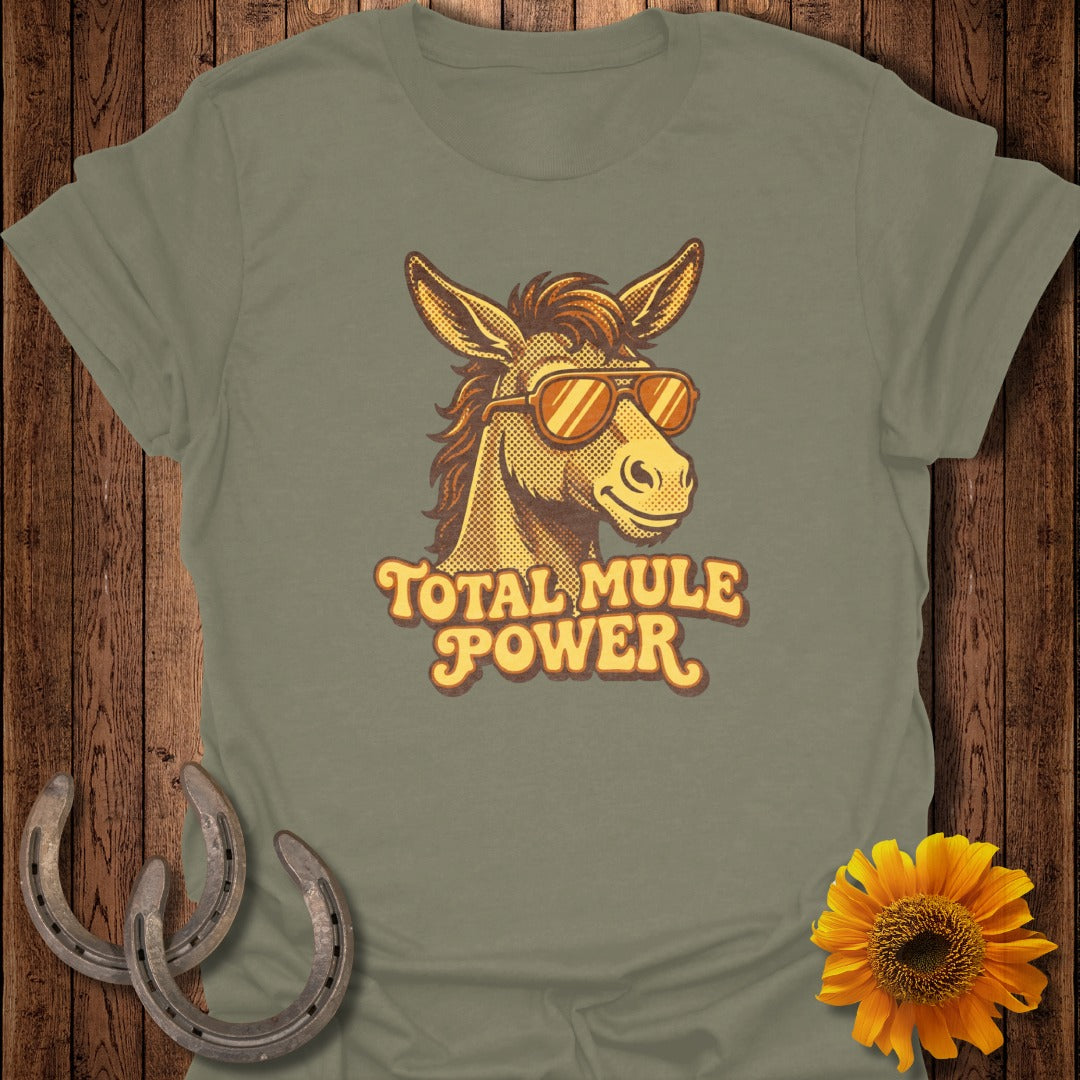 T-shirt with cartoon mule wearing sunglasses, text "TOTAL MULE POWER".