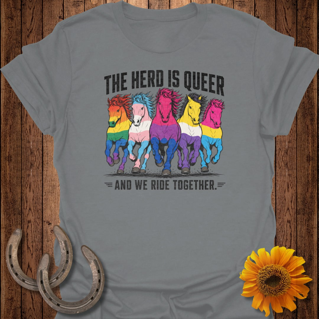 Horses in rainbow and bisexual pride flag colors with text "The herd is queer and we ride together."