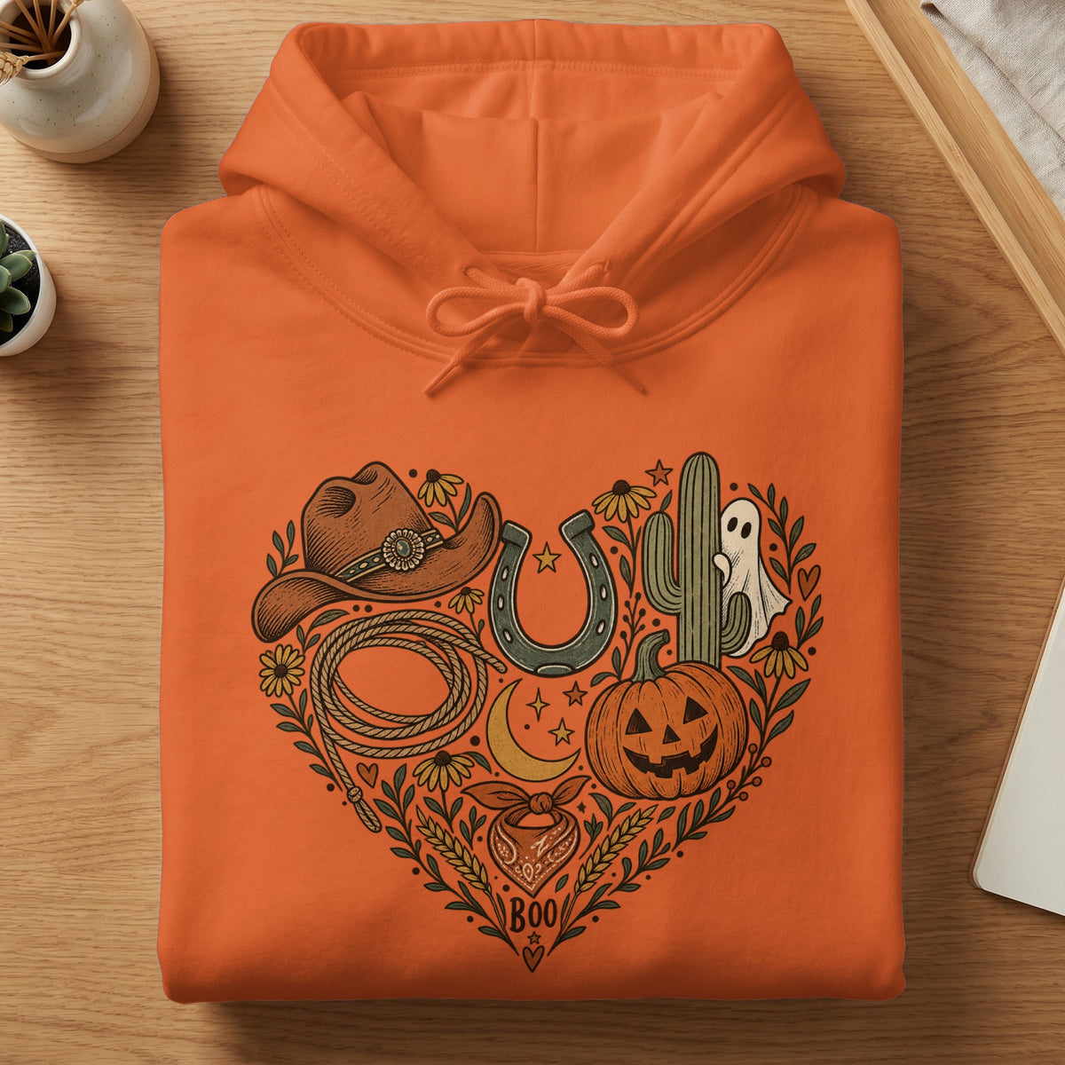 Orange hoodie with a heart-shaped graphic of Halloween and western motifs.