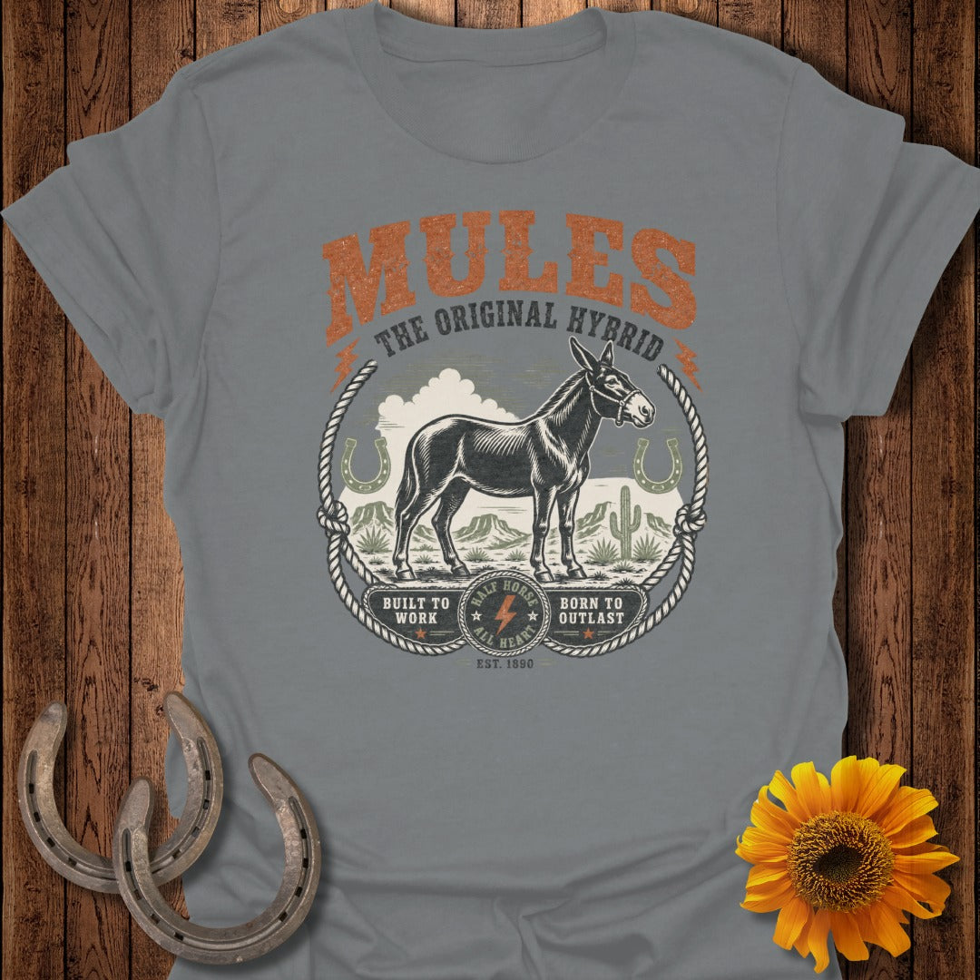 Grey t-shirt featuring a mule illustration and "Mules The Original Hybrid" text.