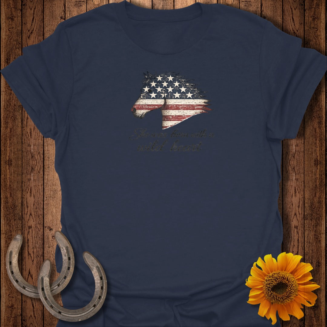Navy t-shirt with a horse head graphic in American flag colors and text.