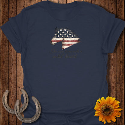 Navy t-shirt with a horse head graphic in American flag colors and text.