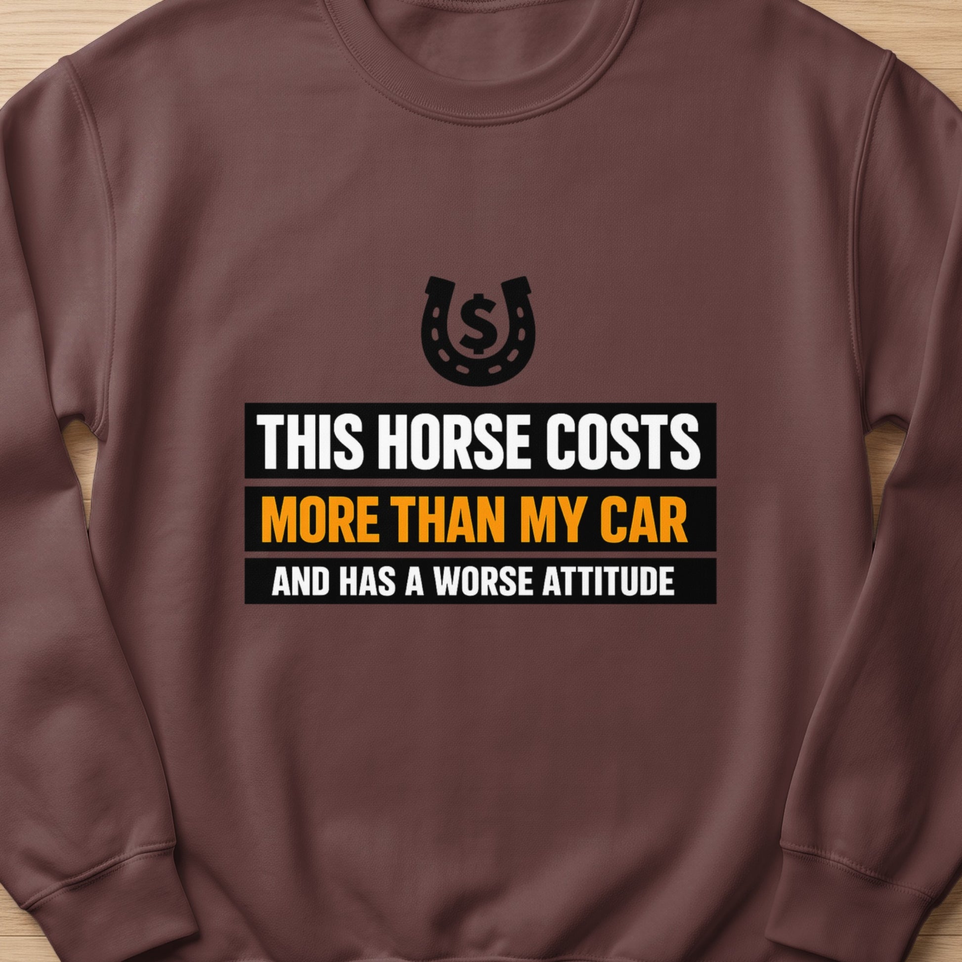 Brown sweatshirt with text "This horse costs more than my car and has a worse attitude".