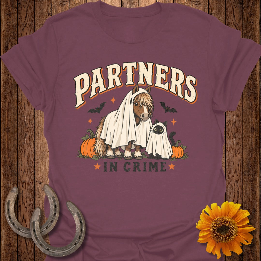 Partners in Crime horse and cat Halloween t-shirt design with pumpkins.