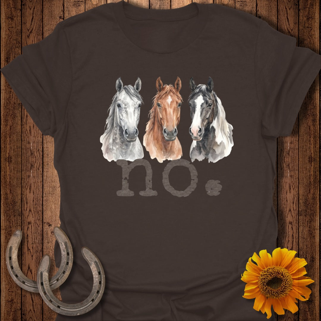 Three watercolor horses above the word "no." on a brown t-shirt.