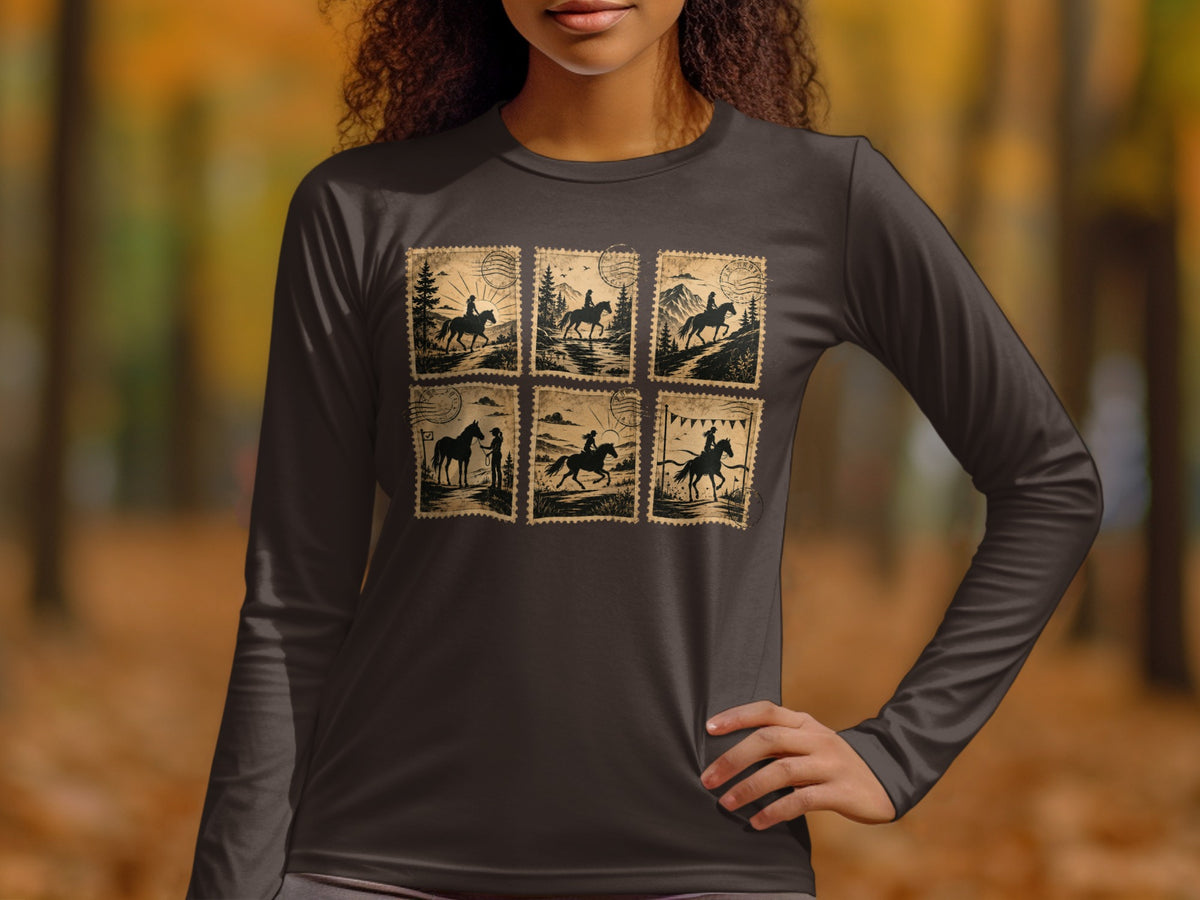 Dark long-sleeve t-shirt with six vintage-style stamp graphics of horseback riders.