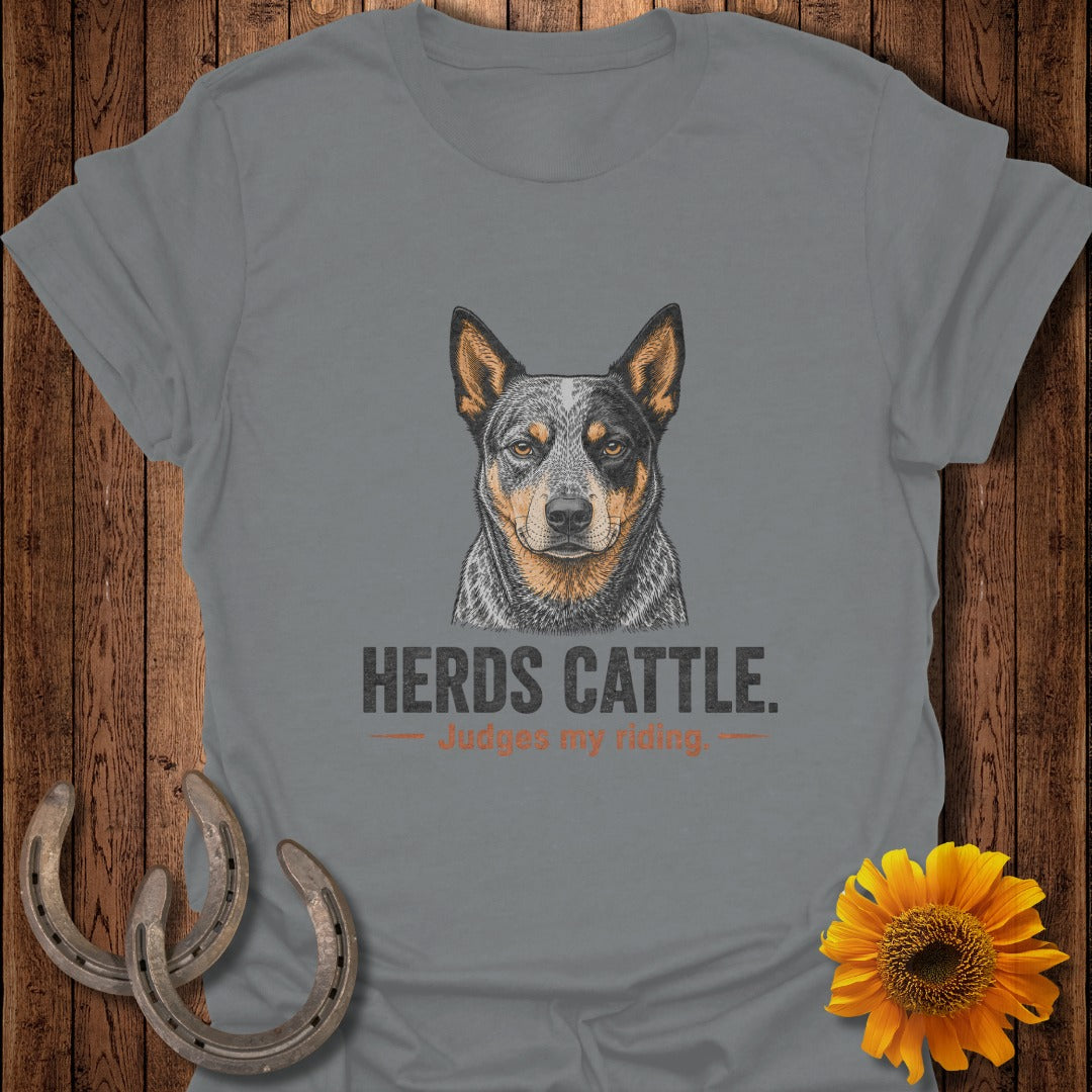 Grey t-shirt with Australian Cattle Dog art and text "HERDS CATTLE. Judges my riding."