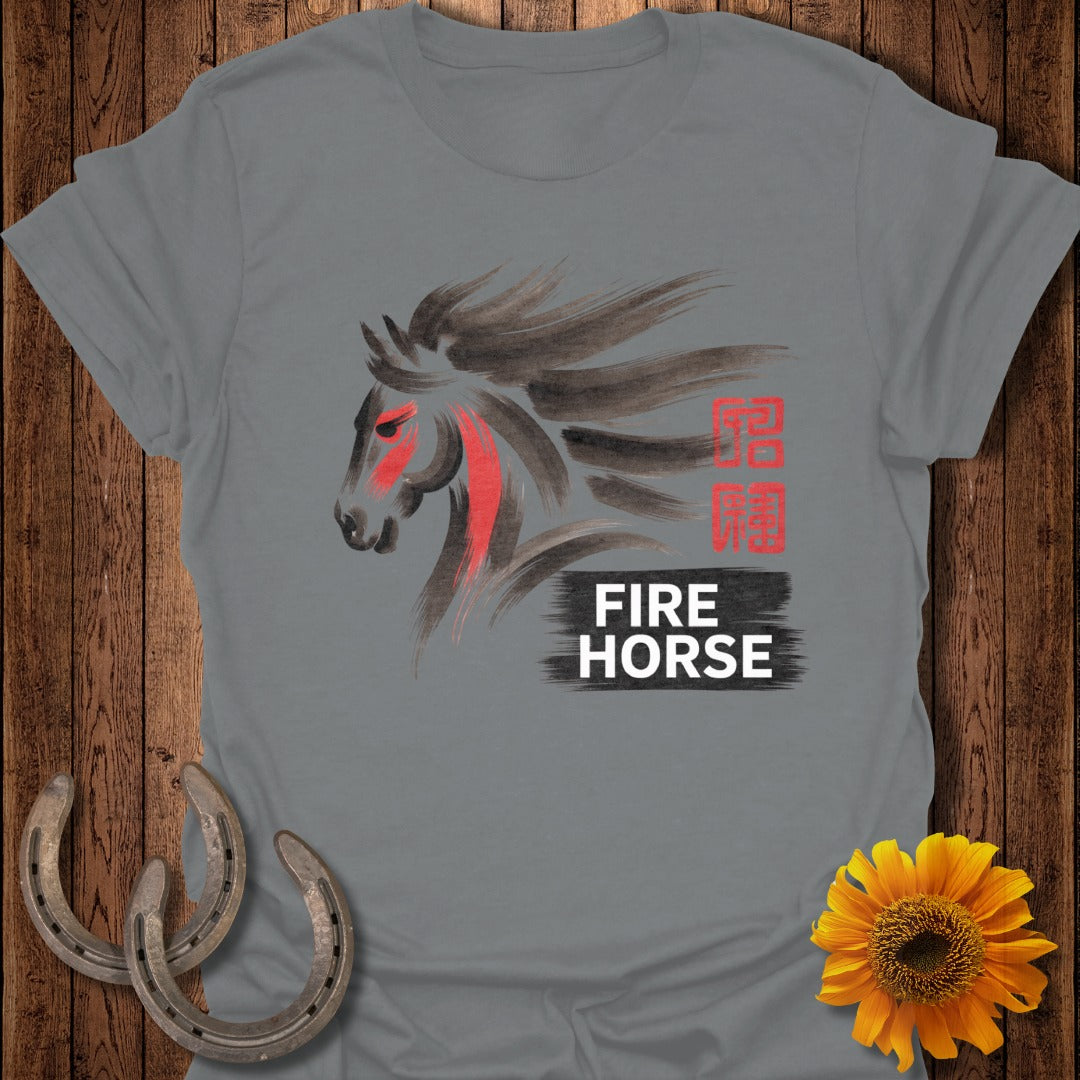 Grey t-shirt with watercolor fire horse graphic and Japanese characters.