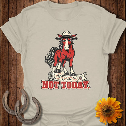 Red horse in cowboy hat stands on map with "NOT TODAY" text.
