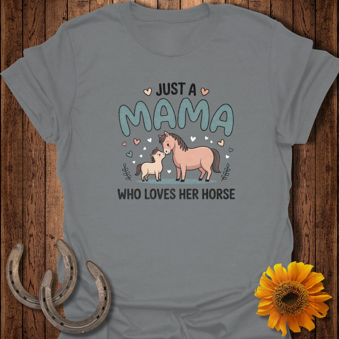 Mama horse and foal with text "Just a mama who loves her horse."